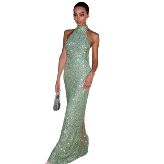 Damen Glitzerndes Abendkleid mit hohem Kragen und figurbetontem Schnitt EB