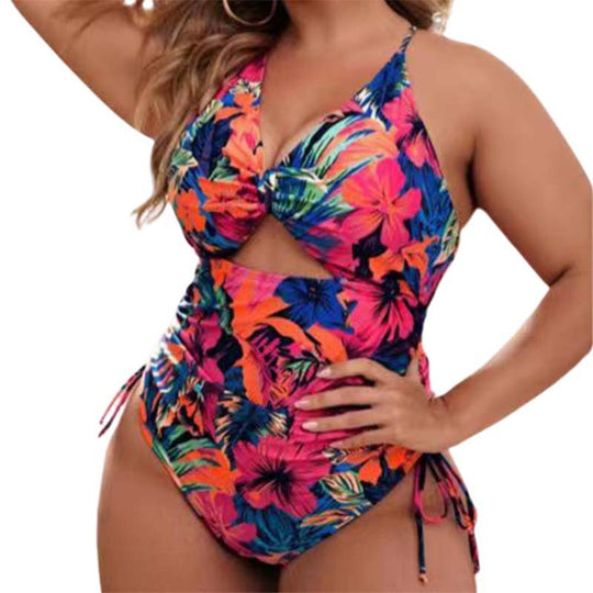 Damen Einteiler Badeanzug mit modischem Cut-Out und buntem geometrischem Design EB