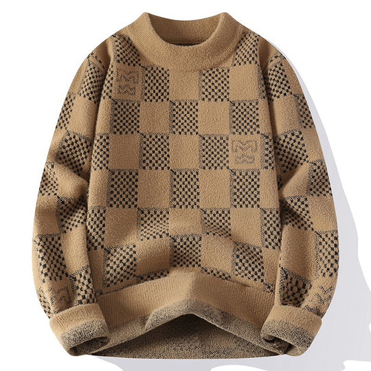 Herren nan karierter Oversize-Strickpullover mit Rundhalsausschnitt, weichem Feinstrick und strukturierter Jacquard-Musterung EB