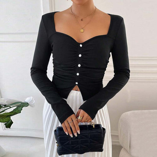 Damen figurbetontes gerafftes Langarm-Cropped-Top mit quadratischem Dekolleté und Zierknopfleiste Eichborn Berlin