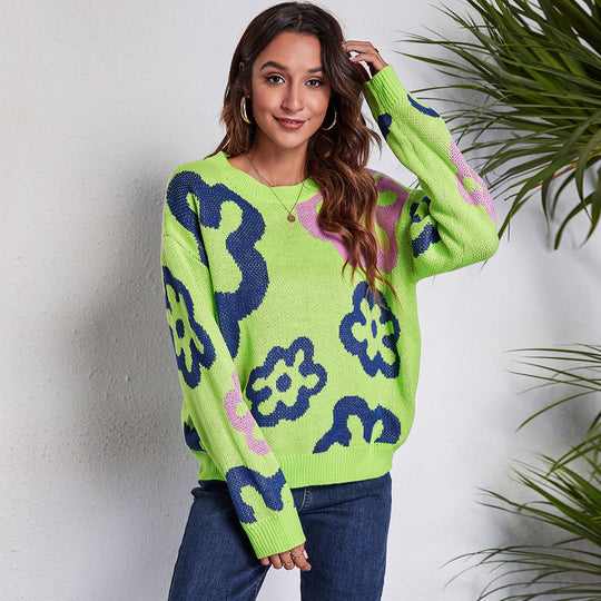 Damen Großer Strickpullover mit verspielt floralem Design EB
