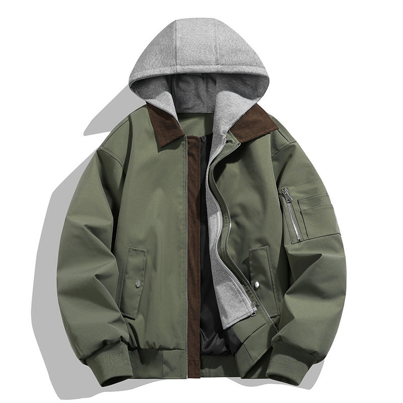 Herren lässige Freizeit-Bomberjacke mit innenliegendem Kapuzenlayer und Cord-Stehkragen EB