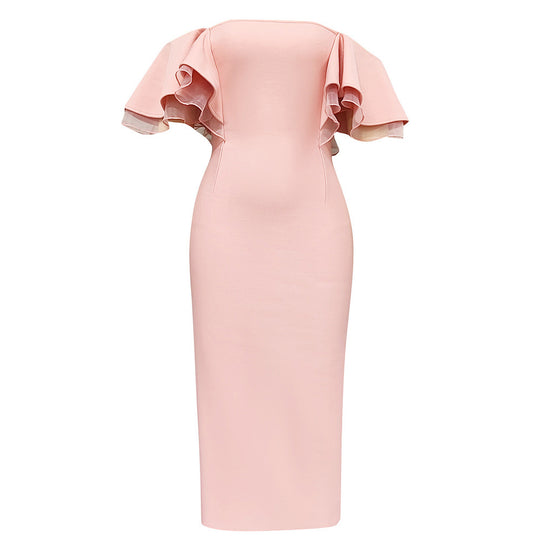 Damen Elegantes Midi-Kleid mit voluminösen Rüschensäumen EB
