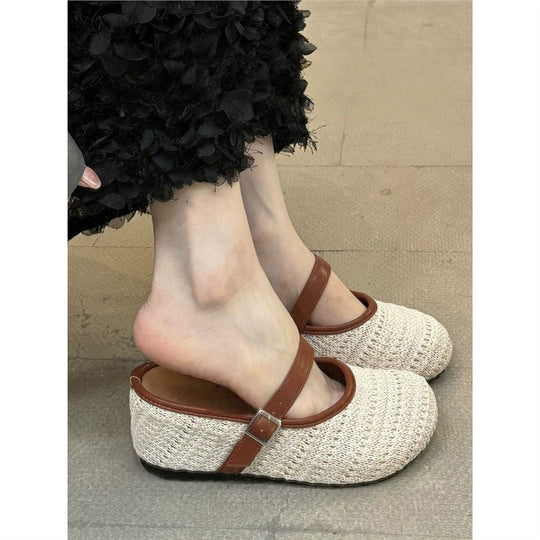 Damen elegante Clogs mit handgearbeitetem Strickmuster und verstellbarem Riemen EB