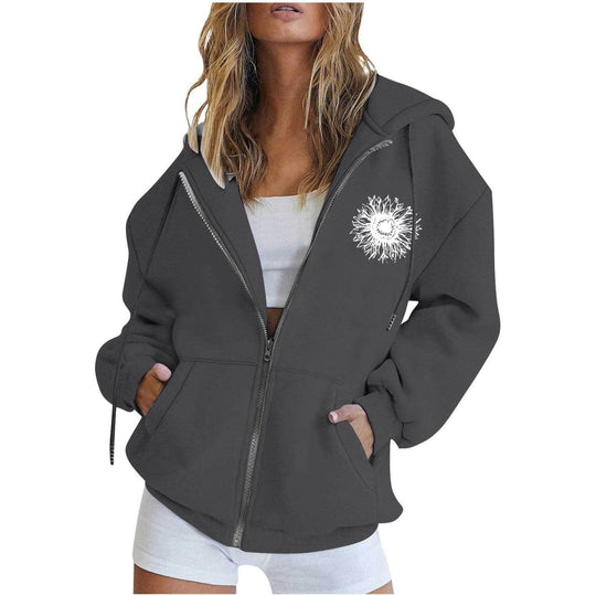 Damen nan oversized Kapuzenjacke mit Frontreißverschluss, Kängurutaschen und stilisiertem Sonnenblumenprint EB