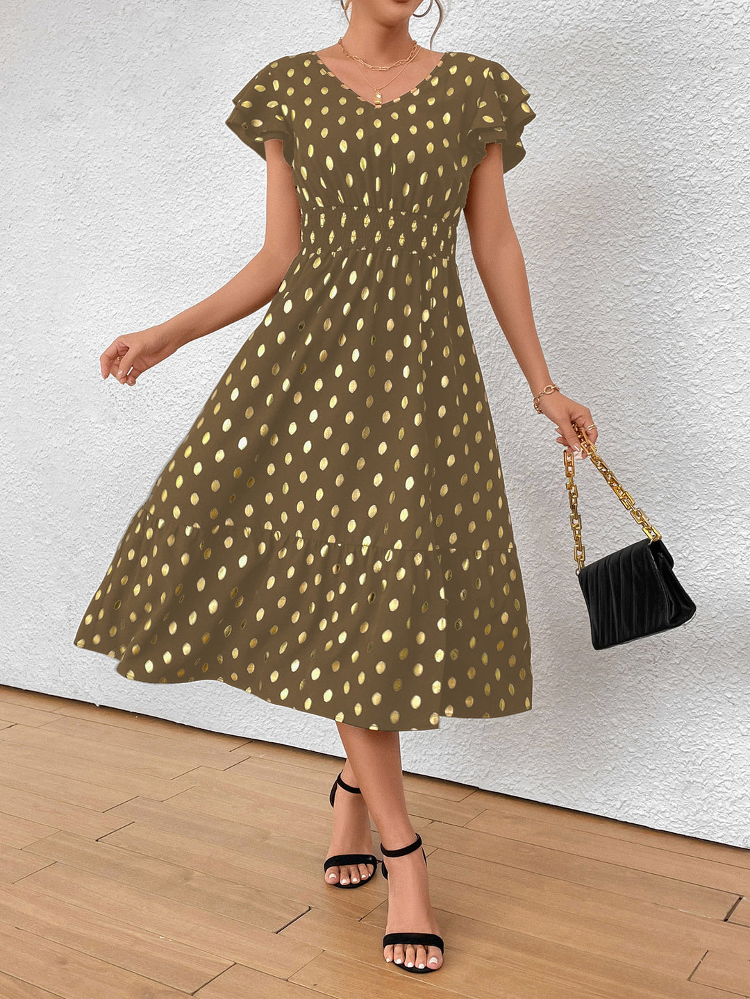Damen Maxikleid mit Rüschendetails und schimmerndem Punktmuster EB