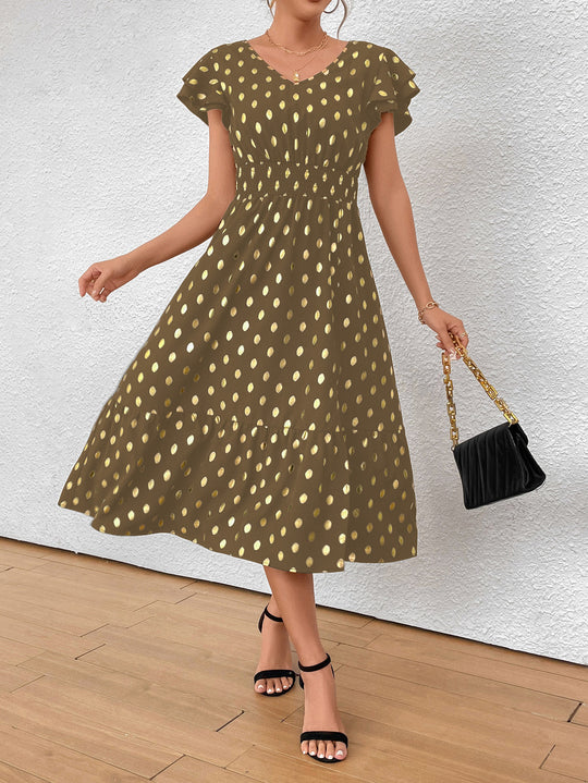 Damen Maxikleid mit Rüschendetails und schimmerndem Punktmuster EB