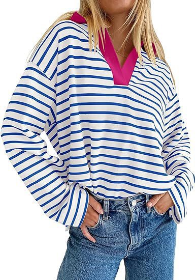Damen Lässiges gestreiftes Sweatshirt mit V-Ausschnitt und langen Ärmeln EB