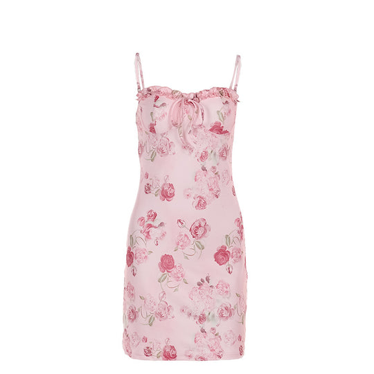 Damen Blumen Kleid mit verstellbaren Spaghetti-Trägern und süßem Rüschendetail EB