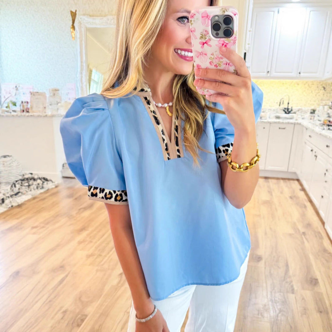 Damen Bluse mit Puffärmeln und animalischen Akzenten Heidi-Mode