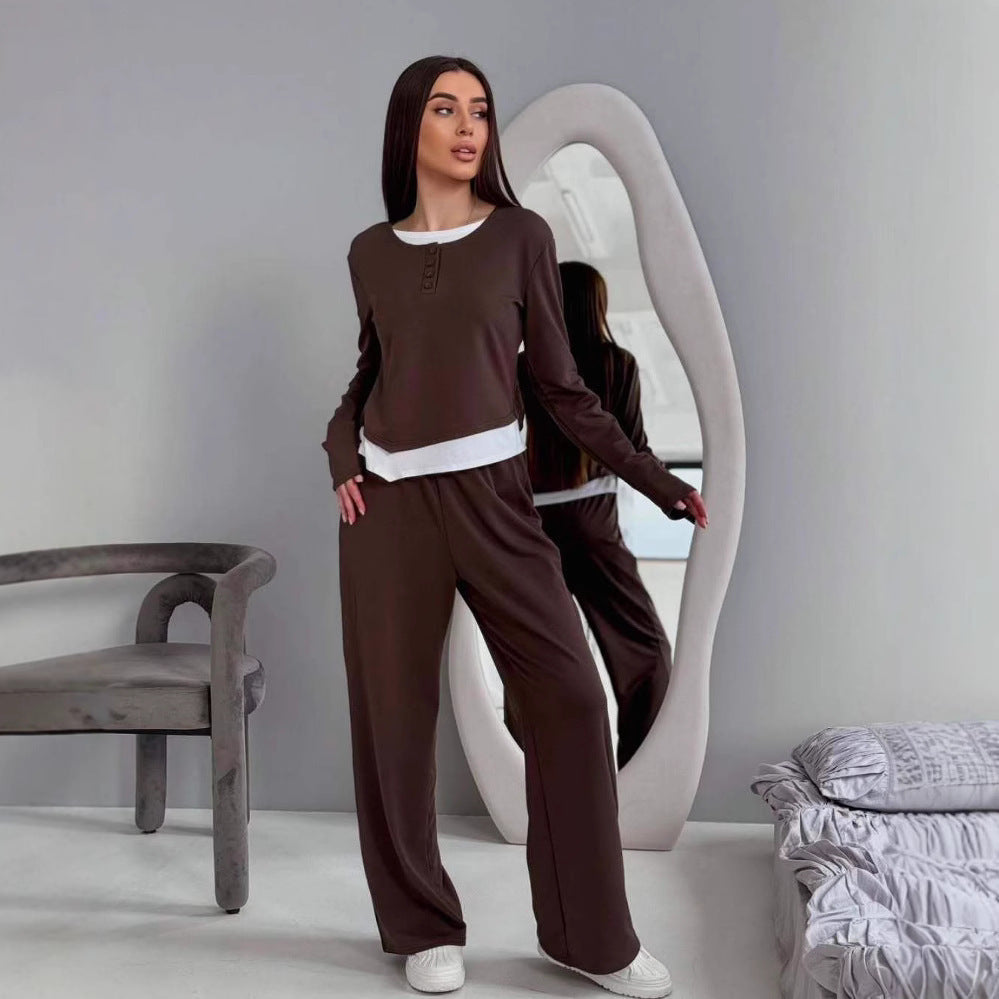 Damen Loungewear-Set aus weichem Modal mit Henley-Knopfleiste und weitem High-Waist Jogger EB