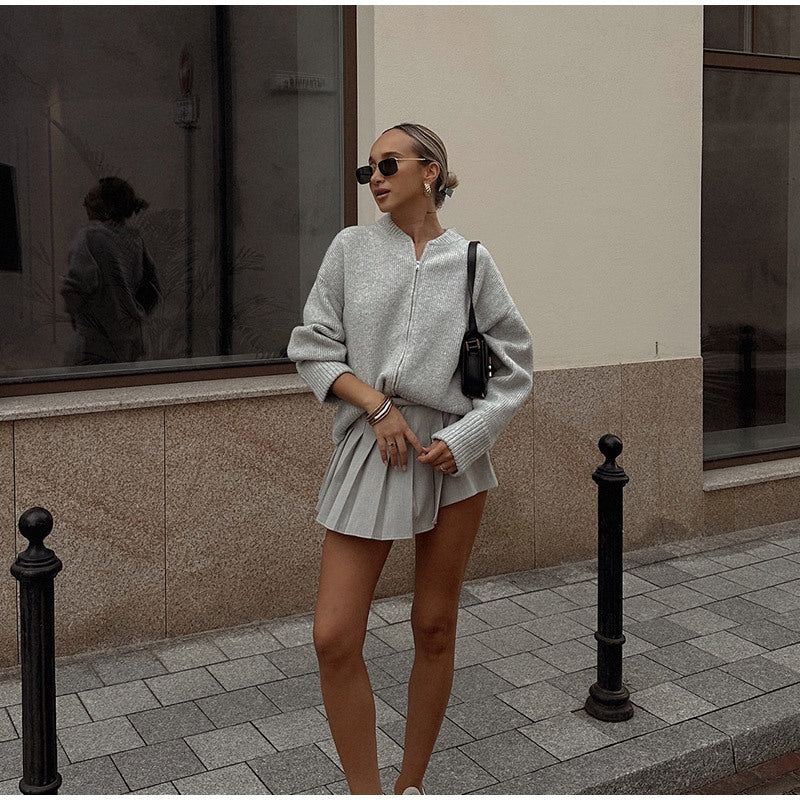 Damen lässige Strickjacke mit hohem Kragen und Reißverschluss EB