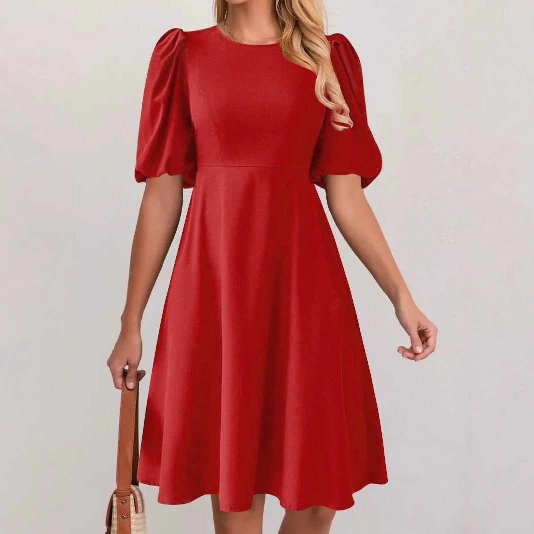 Damen Puffärmel Kleid mit fließendem Schnitt und Taillenbetonung EB