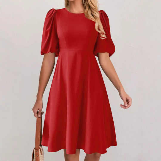 Damen Puffärmel Kleid mit fließendem Schnitt und Taillenbetonung EB
