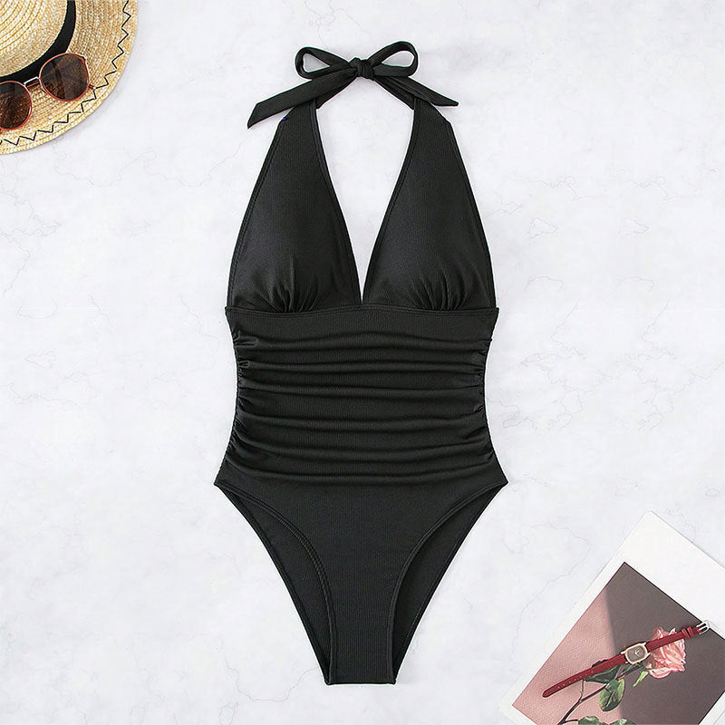 Damen Einteiler Badeanzug mit tiefem V-Ausschnitt und figurformendem Design EB