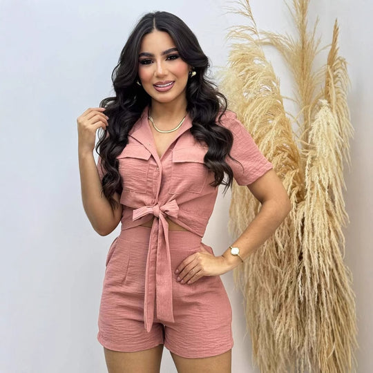 Damen Cropped Blusenshorts-Set mit Knoten EB