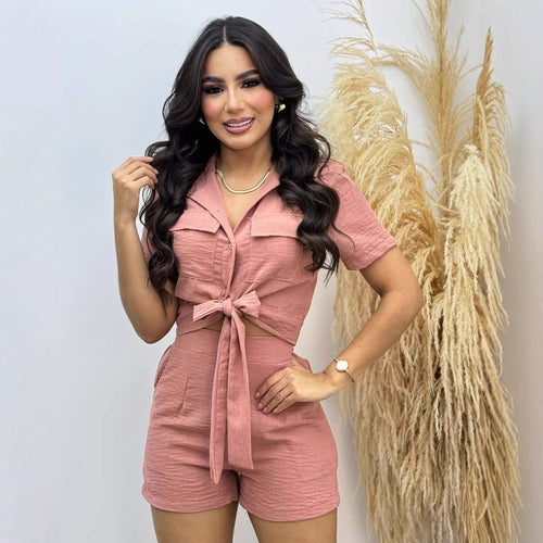 Damen Cropped Blusenshorts-Set mit Knoten EB