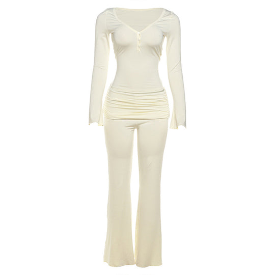 Damen Bequemer Jumpsuit mit langem Arm und Raffung EB