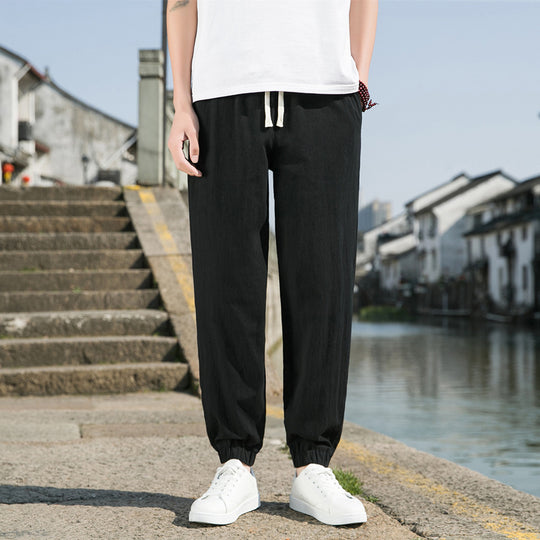 Herren nan tapered Leinen-Baumwoll-Jogger mit Kordelzug, elastischem Knöchelbündchen und schlanker Silhouette EB
