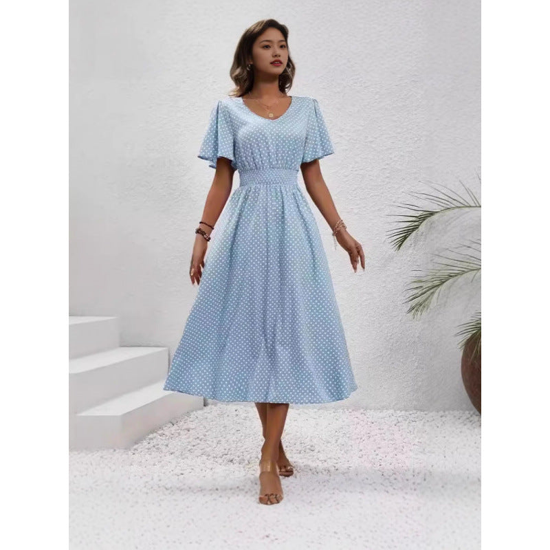 Damen Maxikleid im verspielten Punktdesign mit voluminösen Ärmeln und tiefem V-Ausschnitt EB