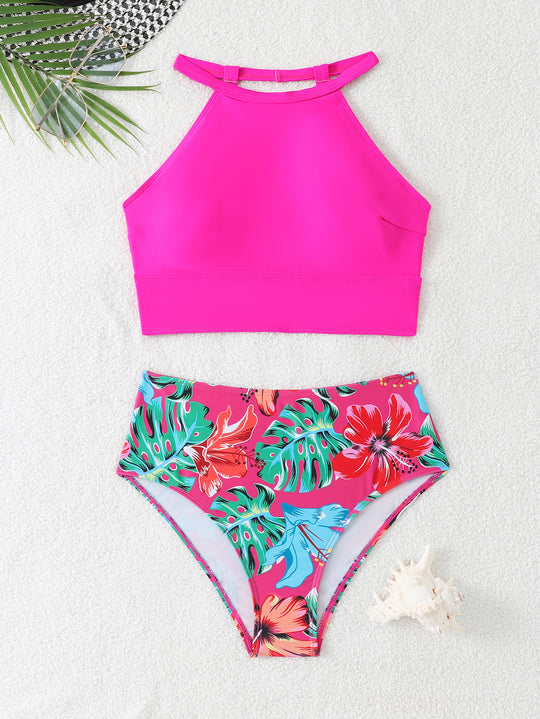 Damen Sportlicher Bikini-Set mit hohem Bund und rückenfreier Oberseite EB
