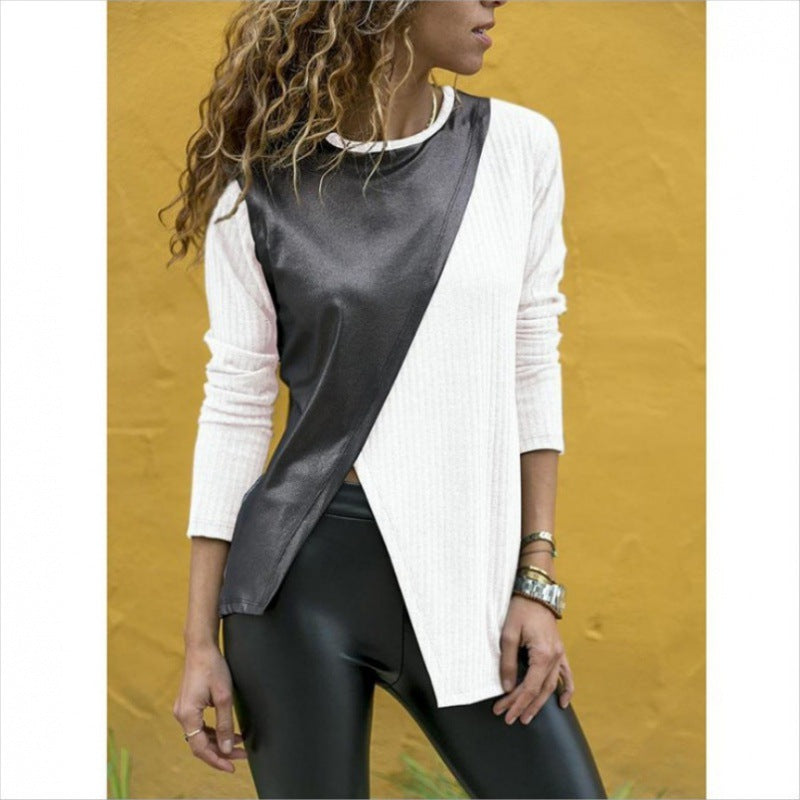 Damen Asymmetrisches Longsleeve mit Lederoptik‑Overlay und Rippstrick EB
