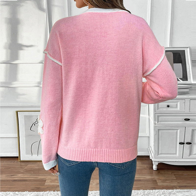 Damen V-Ausschnitt Pullover mit Blumen-Design EB