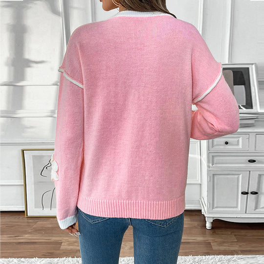 Damen V-Ausschnitt Pullover mit Blumen-Design EB
