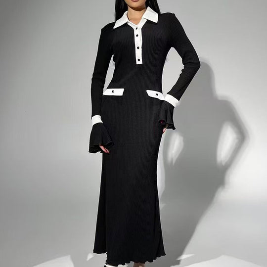Damen elegantes Maxikleid mit Kontrastkragen und schmeichelhaften Ärmelverzierungen EB
