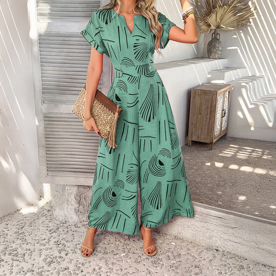Damen Maxikleid mit modernen grafischen Mustern und elegantem V-Ausschnitt EB