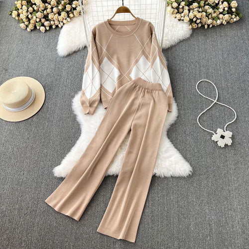 Damen elegantes Strick-Loungewear-Set mit Rautenmuster und weitem Bein EB