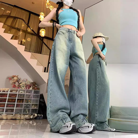 Damen Oversized Denim-Hose mit weitem Bein und modischem Schnitt EB