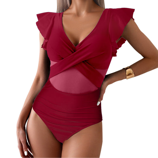 Damen Eleganter Einteiler Badeanzug mit verspielten Rüschen EB