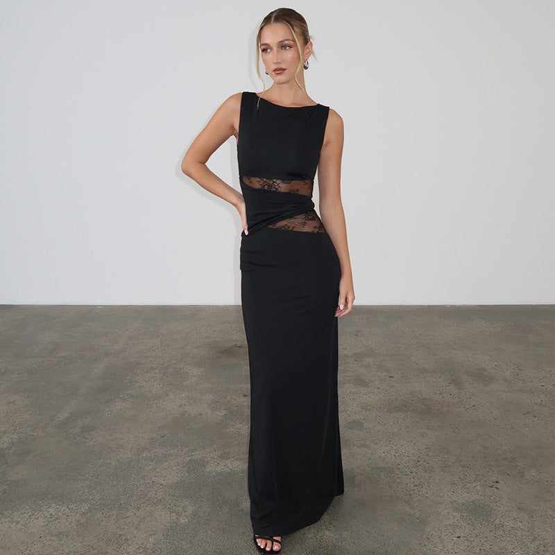 Damen Elegantes langes Kleid mit raffinierten Spitzendetails EB