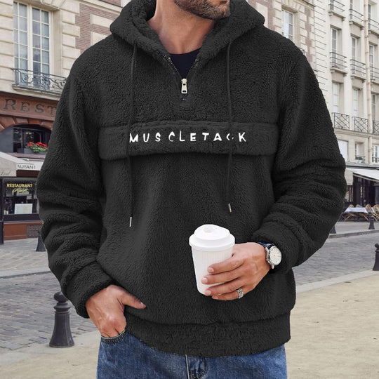 Herren nan Teddy-Fleece Kapuzenpullover mit halbem Reißverschluss, Kängurutasche und weichem Innenfutter EB