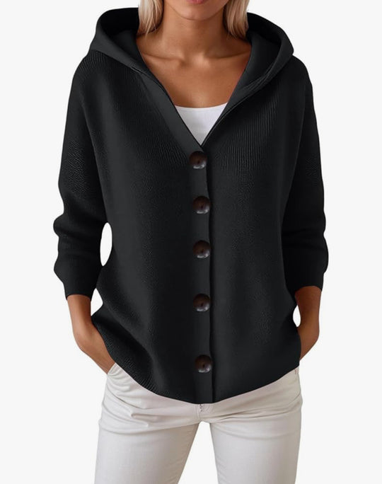 Damen Kapuzen-Strickjacke mit großen Holzknöpfen und seitlichen Eingrifftaschen EB