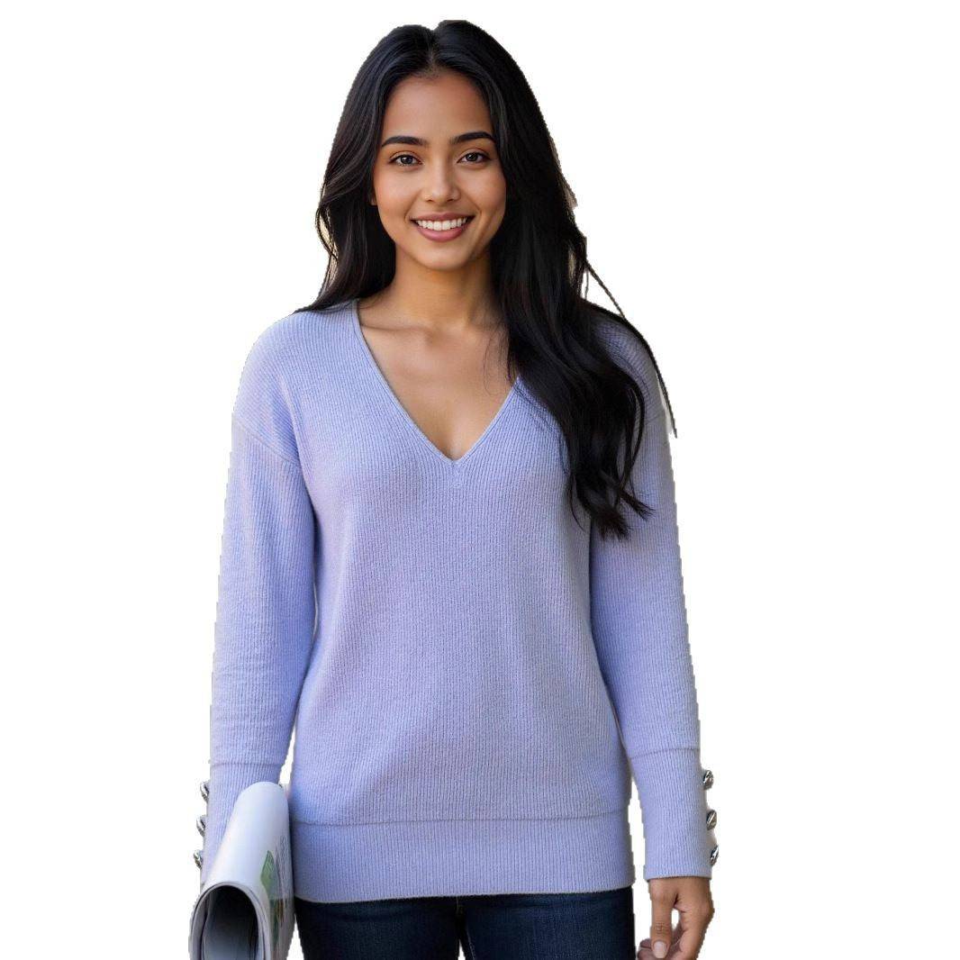 Damen V-Ausschnitt Strickpullover mit dekorativen Knöpfen EB