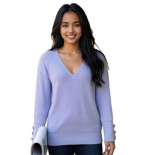 Damen V-Ausschnitt Strickpullover mit dekorativen Knöpfen EB