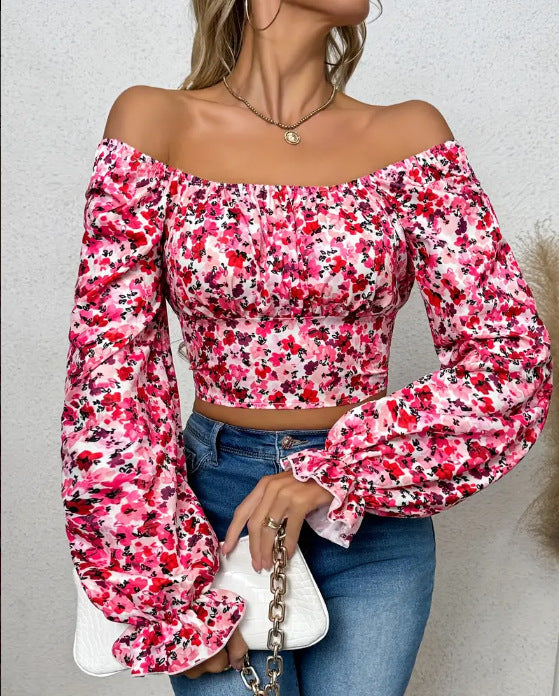 Damen Off-Shoulder Bluse mit Puffärmeln und floralen Mustern EB