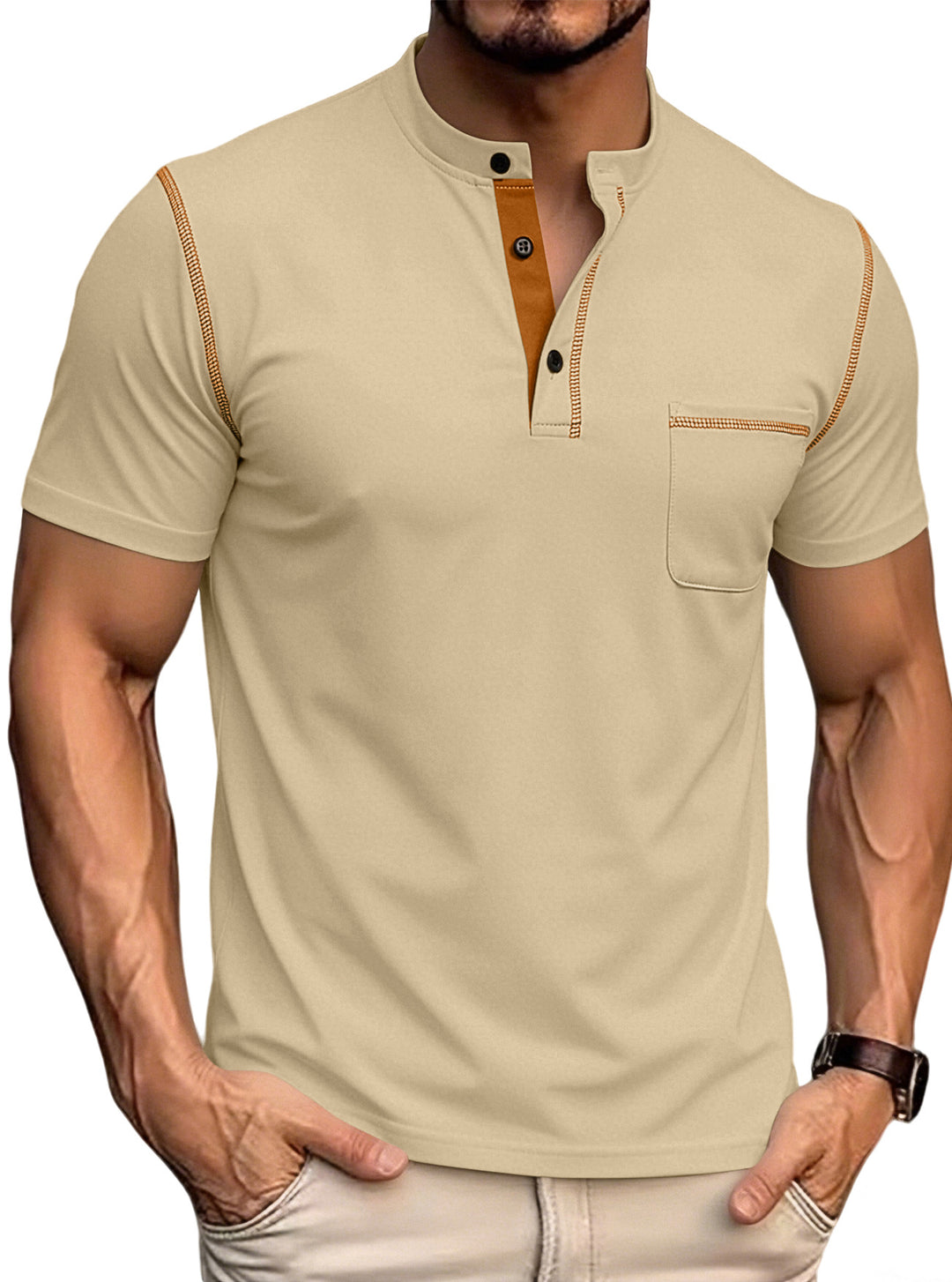 Herren nan kurzärmeliges Henley-Shirt mit Stehkragen, Brusttasche und kontrastierenden Ziernähten EB