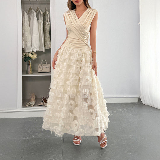 Damen Maxi-Faltenkleid mit Fransen EB