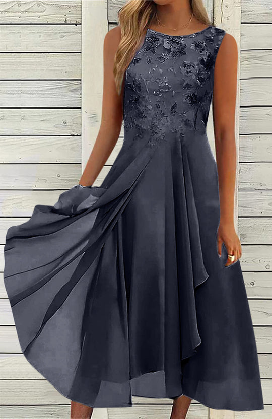 Damen nan ärmelloses Chiffon-Midikleid mit bestickter Brustpartie und asymmetrischem Lagenrock EB
