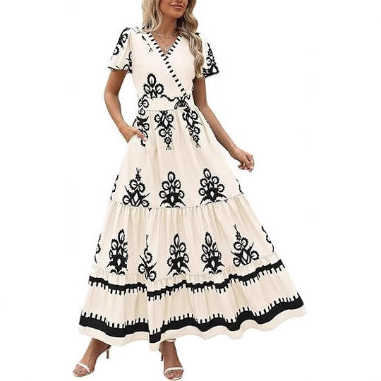 Damen Maxikleid mit V-Ausschnitt und kontrastierenden Stickdetails EB