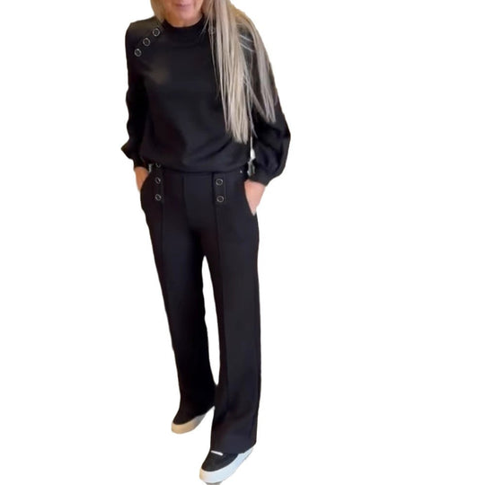Damen Sportliches Oberteil mit dekorativen Knopfdetails und passender Hose Heidi-Mode