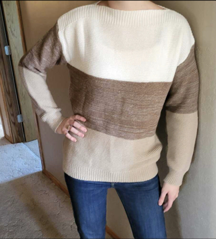 Damen Gemütlicher Strickpullover mit Farbblockdesign EB