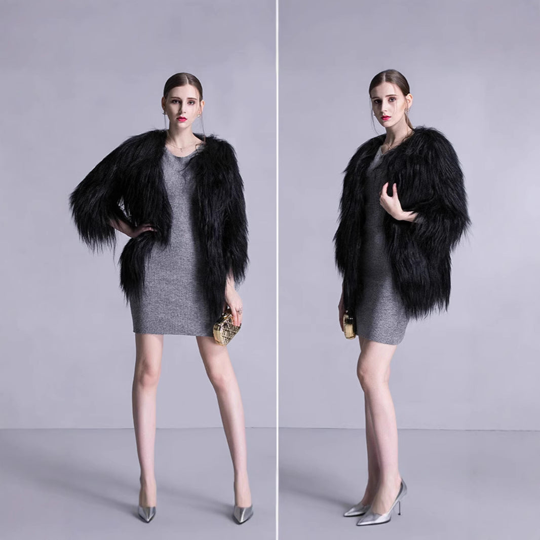 Damen Elegante Kunstpelz-Cape mit weit offenem Schnitt EB