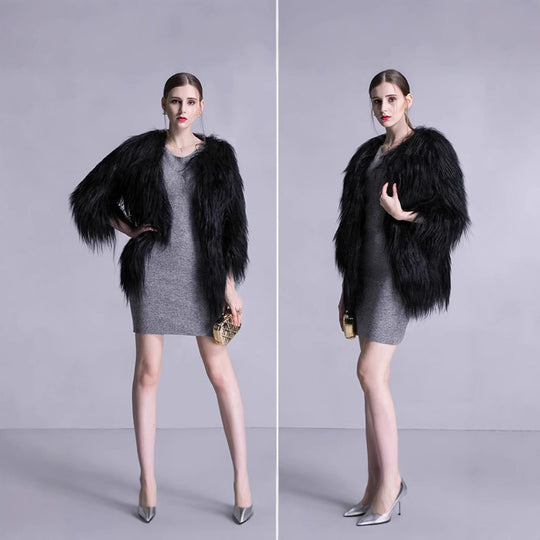 Damen Elegante Kunstpelz-Cape mit weit offenem Schnitt EB
