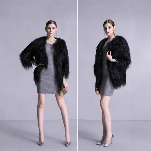 Damen Elegante Kunstpelz-Cape mit weit offenem Schnitt EB
