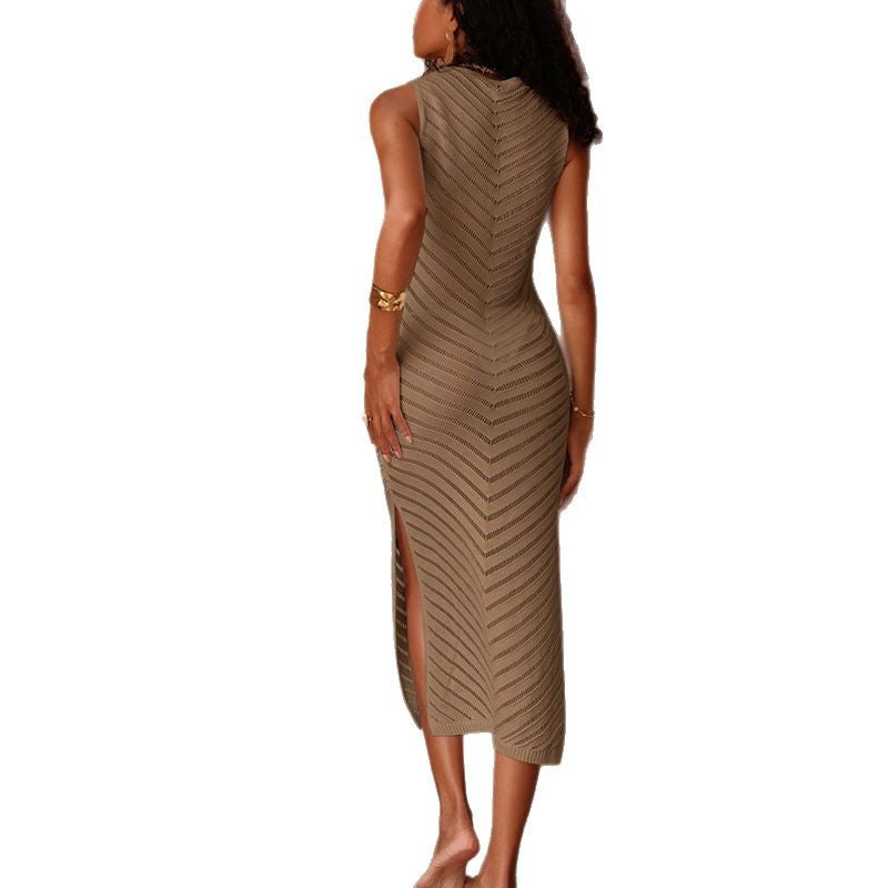 Damen Elegantes Strick-Maxikleid mit asymmetrischem Saum und seitlichem Schlitz EB