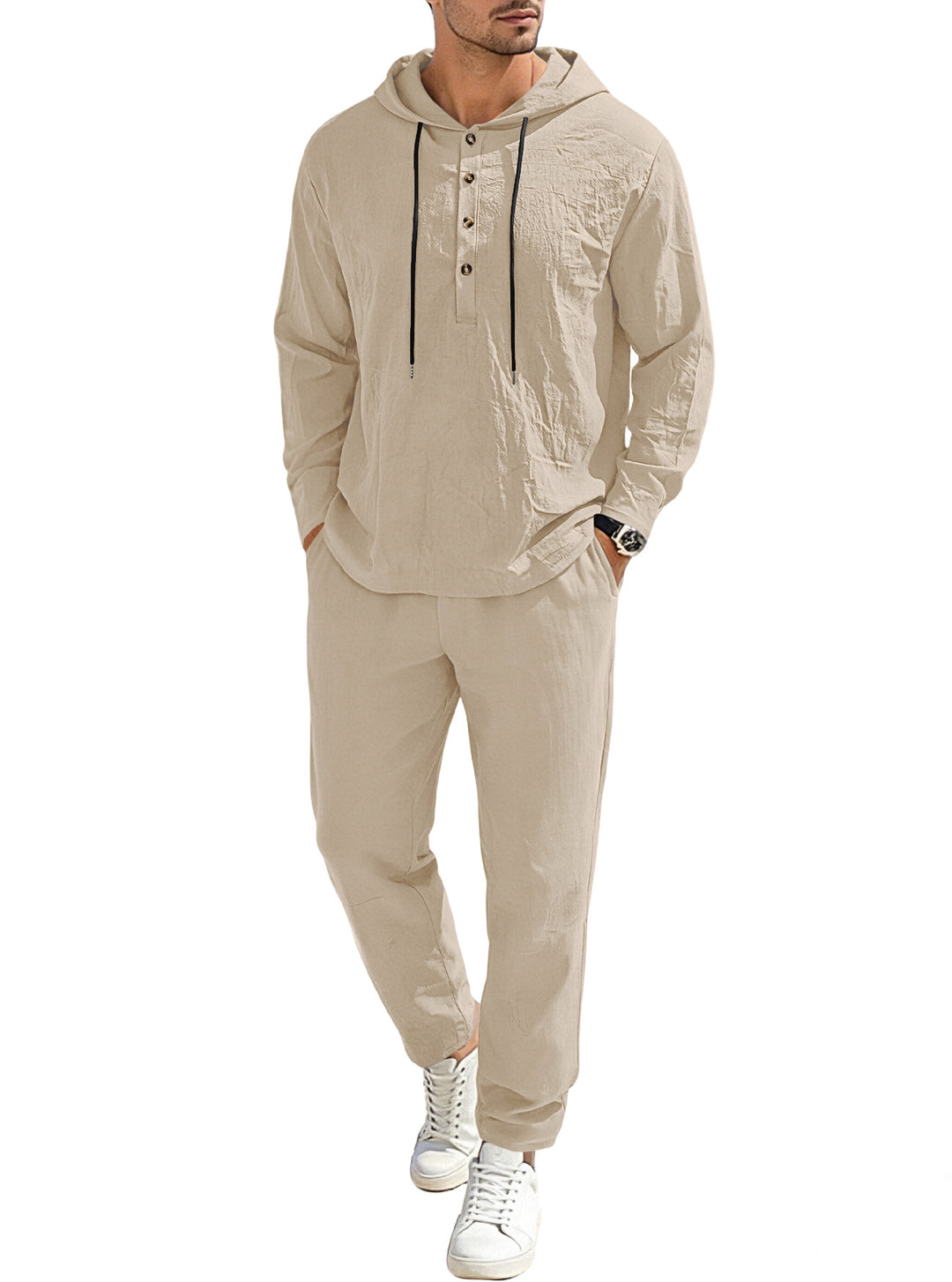 Herren nan entspannter Kapuzen-Henley Freizeitanzug aus leichter Baumwollmischung in Leinenoptik mit Kordelzug und elastischer Bundhose EB